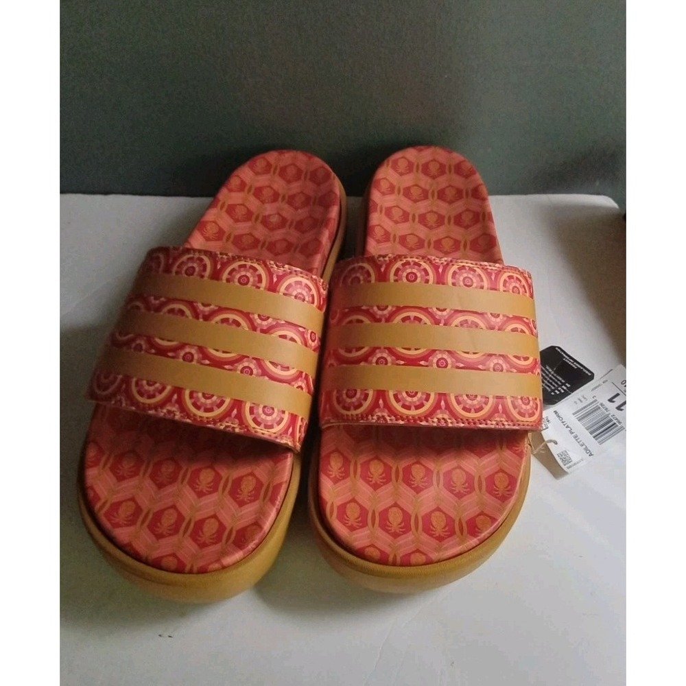 Adidas‎ Adilette Platform Slides Sandals Coral Orange Patterned Women's